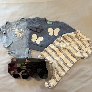 Blue, Grey and Cream Baby Clothing Set Various Brands. Sizes 3Mo, 12Mo